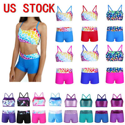 US Girls Dance Outfit Athletic Sports Crop Top with Shorts Gymnastics Dancewear