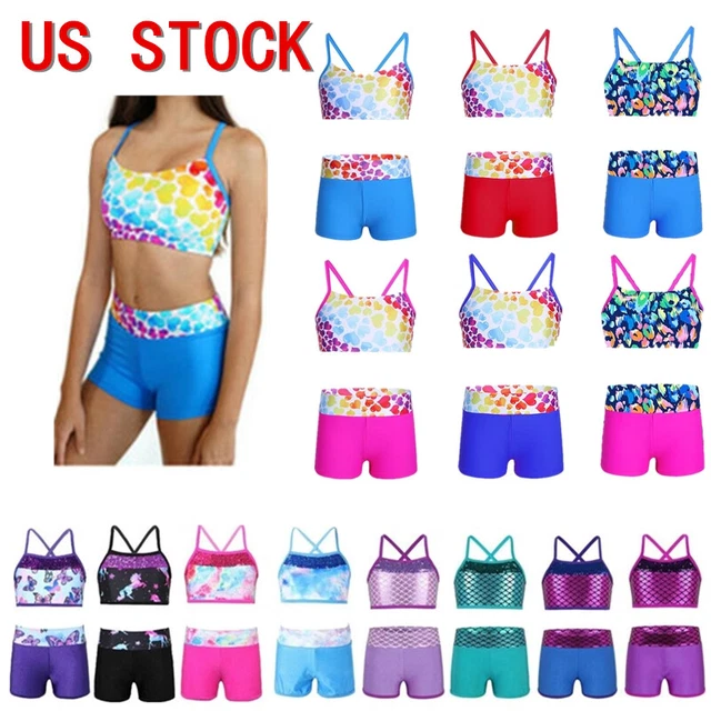 US Girls Dance Outfit Athletic Sports Crop Top with Shorts Gymnastics Dancewear
