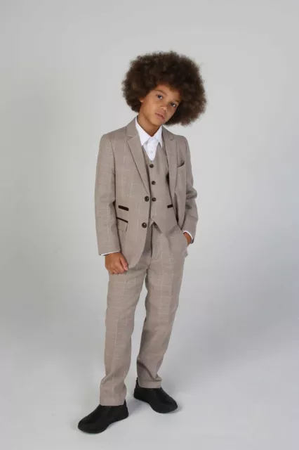 Boys Beige Tweed Check 3 Piece Suit Premium Kids Childrens Wedding Ages 1-14