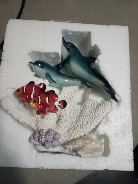 Two Blue Dolphins Resin Figurine Clownfish  8.5" X 7" X 4" Figurine New 90114