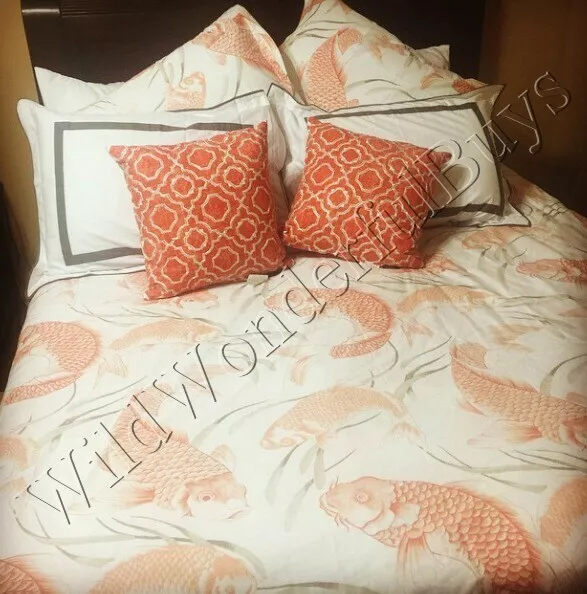 Pottery Barn Koi Fish Duvet Cover Salmon Queen 2 Euro Shams Asian 3pc Rare