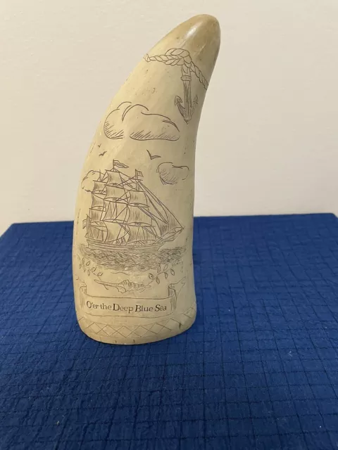 Scrimshaw tooth O’er The Deep Blue Sea Midwest of Cannon Farms Replica 8.25 in.