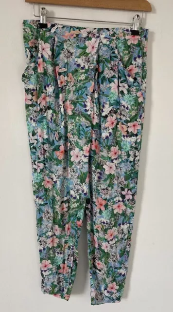 Zara Woman Trousers Size Medium Green Floral Pockets Summer Elasticated W30 L27