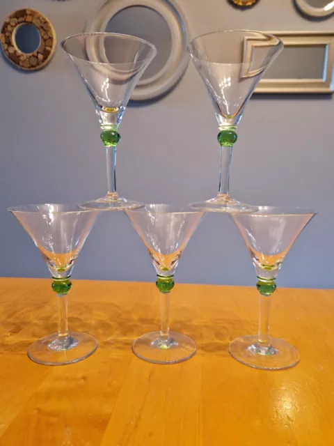 Vintage Set of 5 Clear Glass Green Detail Stemmed Small Cocktail Martini Glasses