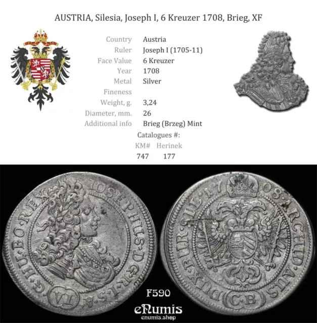 AUSTRIA, Silesia, Joseph I, 6 Kreuzer 1708, Brieg, XF 2