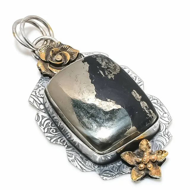 Natural Pyrite Gemstone 925 Sterling Silver Gift Two Tone Pendant 2.60" Gift H20
