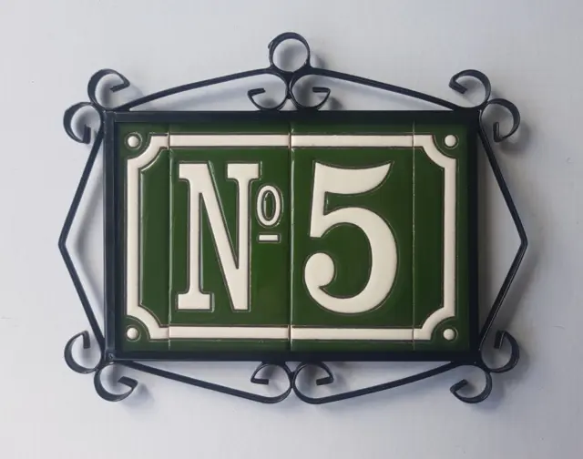 11cm x 5.5cm French Hand-painted Ceramic Green Number Tiles & Metal Frames 3