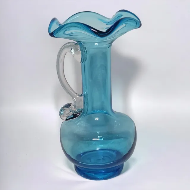 Blue Glass Vase Pitcher Hand Blown Art Glass Transparent Vtg Ruffle Top 5.5 Inch