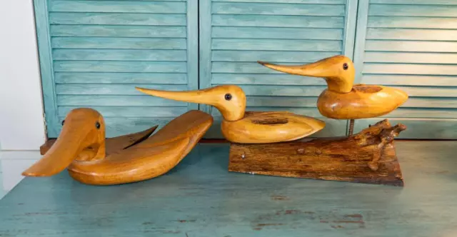 Vintage Set Hand Carved Long Billed Wood Pine Large Ducks Folkart Rustic Lodge