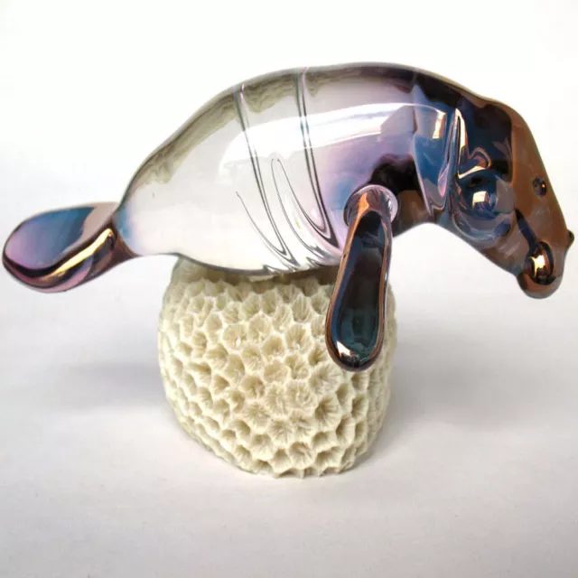 Manatee Figurine of Hand Blown Glass 24K Gold and Coral