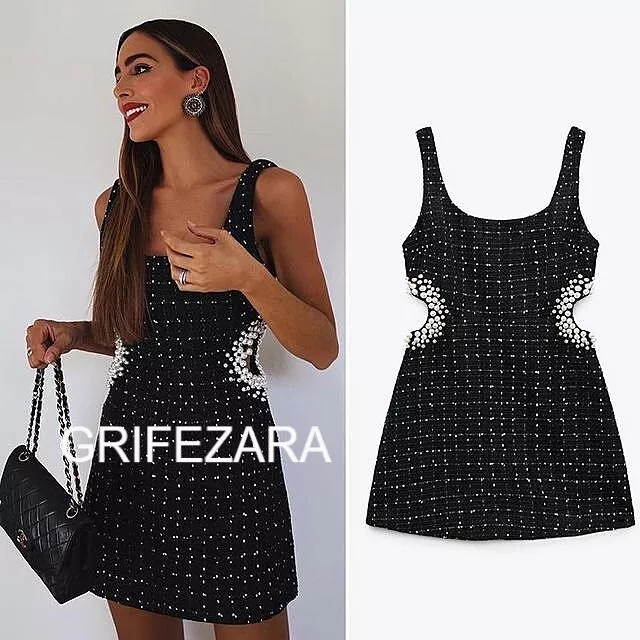 ZARA SHORT STRAPPY Textured Dress Pearl Beads Black Xs-Xl Ref.4786/335  Bloggers $93.72 - PicClick