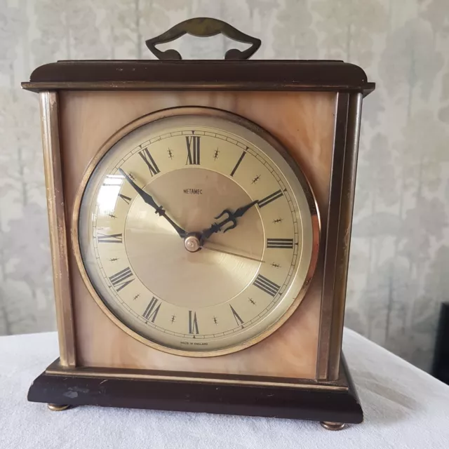 Vintage Metamec C Battery Carriage Clock Brass Bound Faux Onyx Marble  19cm Tall