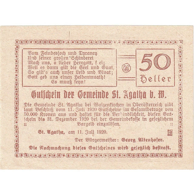 [#287976] Austria, St Agatha, 50 Heller, lac 1920-12-31, UNC, Mehl:FS 877IIb2