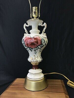 Vtg Art Deco Victorian Style Urn Table Lamp Hand Painted Red Rose 1920s 30 1940s