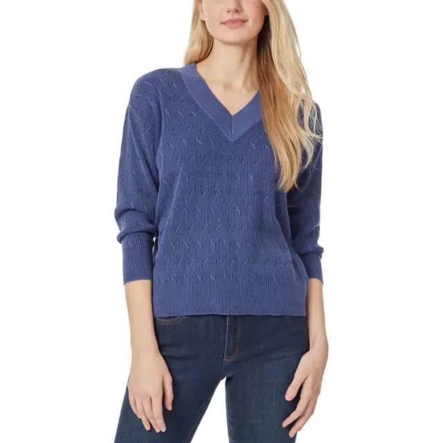 Jones New York Womens Blue Cotton Textured Pullover Top Shirt L BHFO 8060