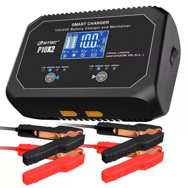 HTRC For Auto Moto Lead Acid AGM GEL PB 12V-24V 10AX2 Dual Smart Battery Charger