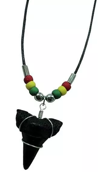 REGGAE BLACK SHARK TOOTH 18 INCH ROPE CORD NECKLACE WITH BEADS pendant JL-568