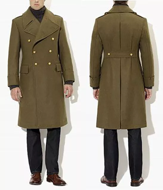 Army Green Wool Men's Long Overcoat Double Breasted Wide Lapel Outdoor Warm Coat 2