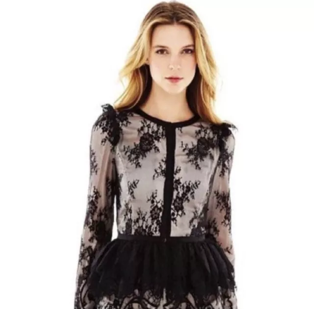 Pearl Georgina Chapman Marchesa Lace Top Jacket Peplum Long Sleeve Blouse Black