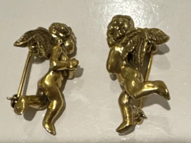 Vintage Pair Of  ANGEL CHERUB Renaissance Gold Tone Brooch Estate Pins