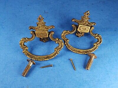Vtg. Drop Bail Drawer Pull Handle Cabinet Cupboard Single Post Solid Brass 2 Pcs