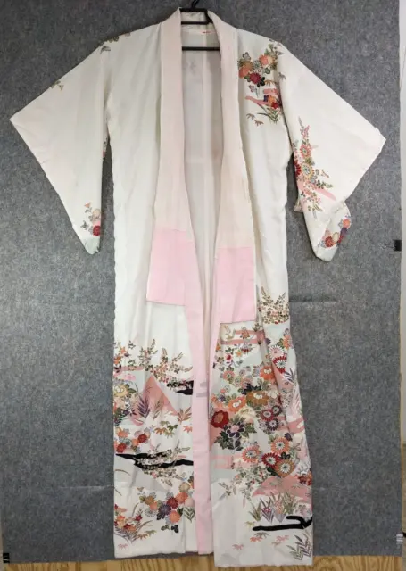 Traditional Vintage Japanese Kimono Haori Womens Pink Floral Silk Fully Lined