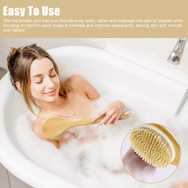 Bath Body Brush Soft Bristles Shower Back Scrubber Anti-slip Long Bamboo Handle 2