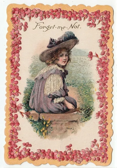 Victorian Vintage Die Cut Valentine Card Brundage Art ? Girl Feather Hat Lace