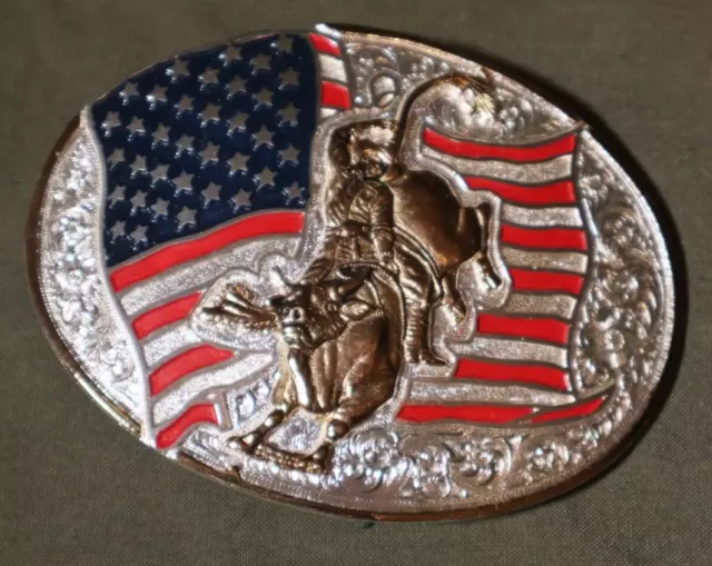 1970's 1980's silver and gold belt buckle Bull rider American flag