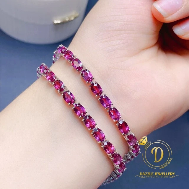 Natural Garnet Gemstone 925 Sterling Silver Simple Bracelet Jewelry For Women