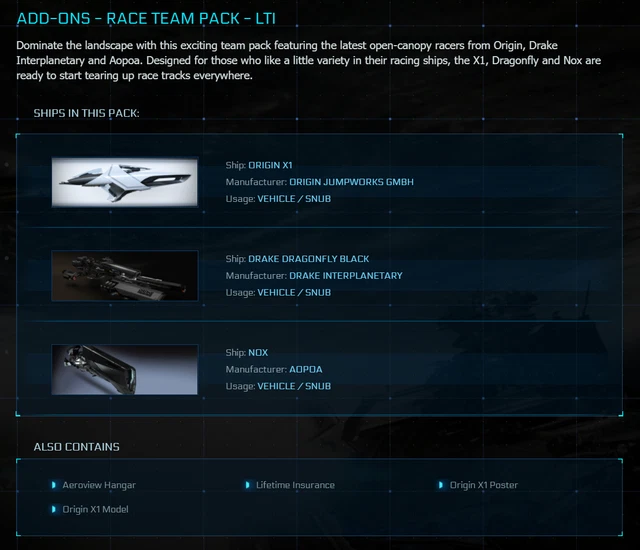 STAR CITIZEN VEHICLE Pack - ADD-ONS - RACE TEAM PACK (X1, Nox, Dragonfly) - LTI EUR 163,08 - FR