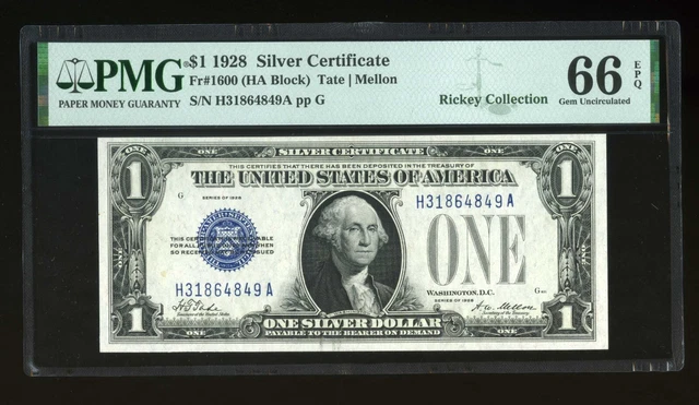 DBR 1928 $1 Silver Gem Fr. 1600 HA Block PMG 66 EPQ Serial H31864849A