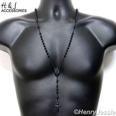 26+5"MEN Stainless Steel 6mm Black Pated Beads Virgin Mary Rosary Necklace*RN11