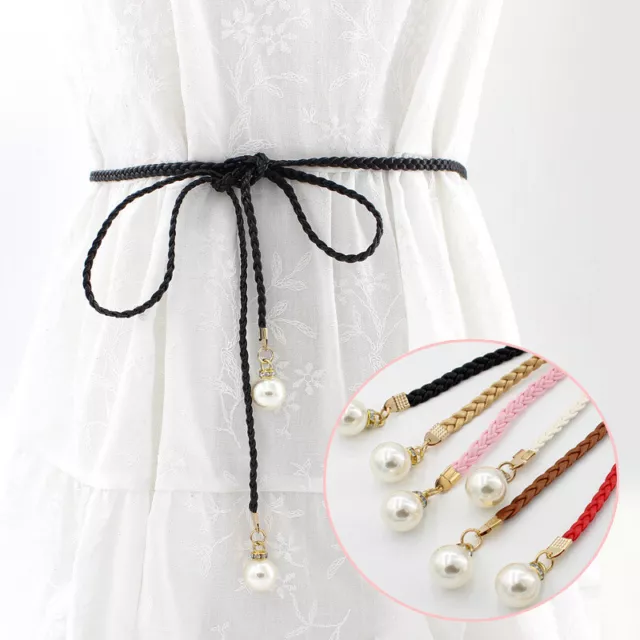 Womens Belt Tassle Thin Braided Style Waist Ladies Rope Stretch Pearl Woven UK