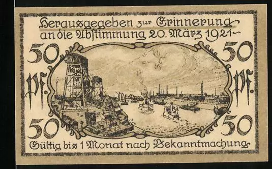 Notgeld Cosel /O. S. 1921, 50 Pfennig, Wappen und Eiche, Flusspartie mit Bergwe