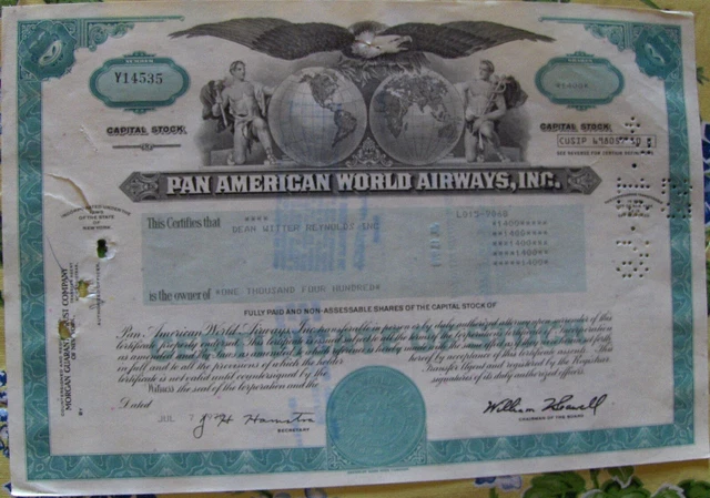 Stock certificate Pan American World Airways, Inc Payee DEAN WITTER REYNOLDS  In