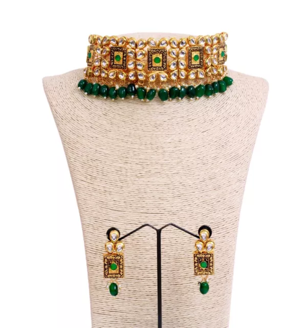 INDIAN BOLLYWOOD GOLD Plated Green Kundan Choker Earrings Bridal