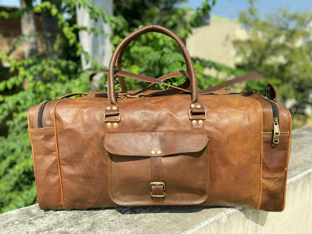 Sac de voyage homme cuir véritable chèvre vintage voyage gym week-end nuit neuf
