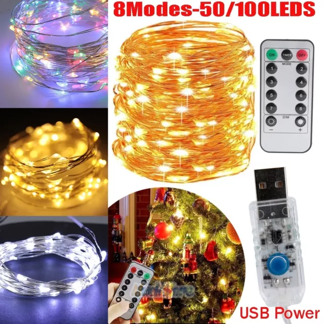 50/100 LED USB Copper Wire Fairy String Lights X'mas Tree Party Decor w/Remote