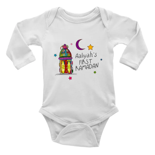 Personalised First Ramadan Colourful Lantern Long Sleeve Baby Grow Vest Bodysuit