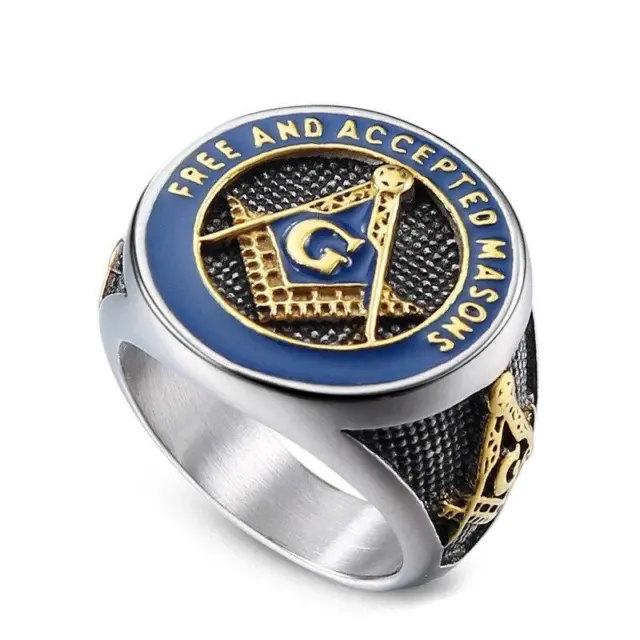 Stainless Masonic Ring Freemason Accepted Men Blue Gold G Square Compass Eye US