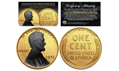 24K GOLD Clad 1943 Steel Wartime Wheat Penny Coin w/ BLACK RUTHENIUM Highlights