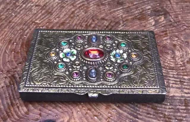 Antique Victorian jewelled calling card case Austro Hungarian gilt metal glass
