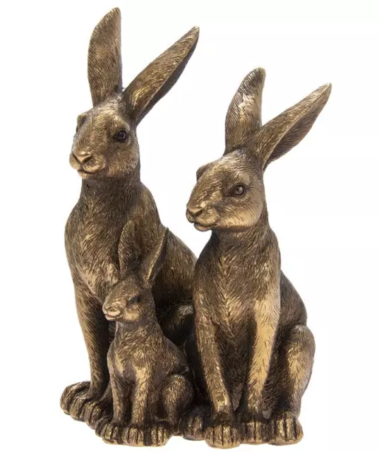 Family of 3 Hares Mum & Dad with Baby Bronze Effect Ornament Gift Box Sculpture