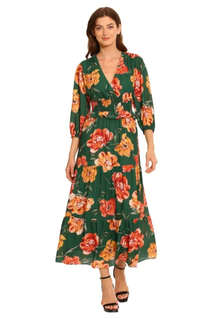 Maggy London Womens RUNA Maxi Dress Floral Elastic Waist Pine Green Gold Size 16
