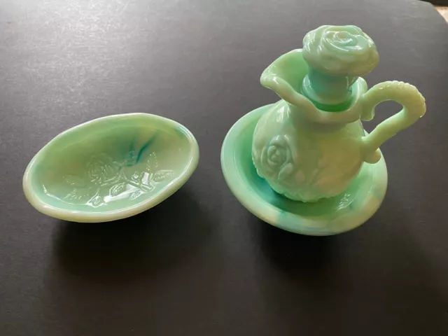 Vintage AVON Jadeite Milk Glass Pitcher, Saucer, & Soap Dish Set Teal Aqua 