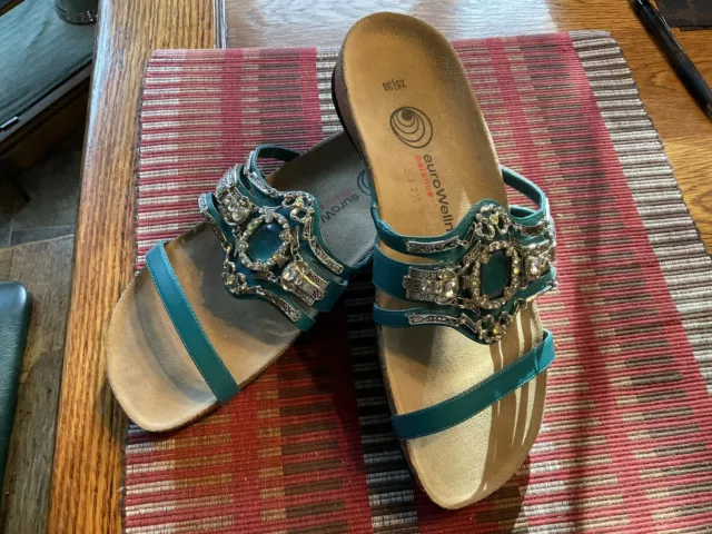 Euro Wellness Balance 8  38 Women Sandals Metallic Teal Blue Embellished New