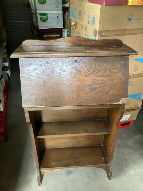 Antique oak veneer drop front bureau / desk, pre loved, original key
