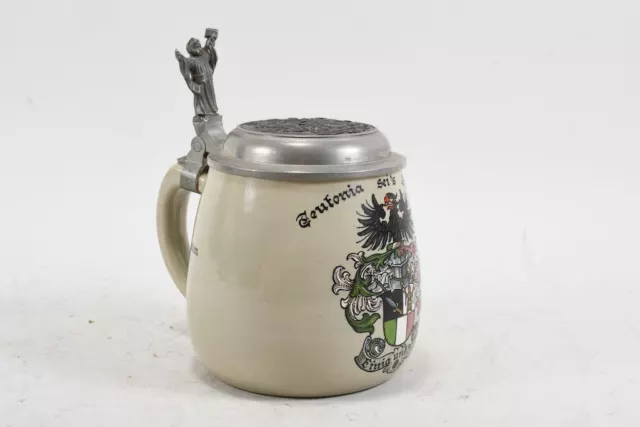 P19W73- Bierkrug Keramik Teutonia Studenten Verbindungskrug mit Zinndeckel
