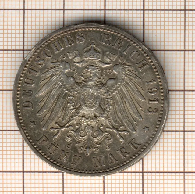 Allemagne Guillaume II roi de Prusse 5 mark 1913